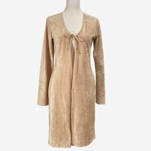 Vintage 90s Tan Faux-Suede Open Tie-Front Long-Line Cardigan Boho Sz Medium USA